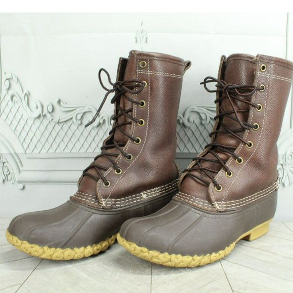 LL Bean Brown Leather Lace Up Shearling Lined Mid Calf Duck Boots Size 7 M - Picture 9 of 9